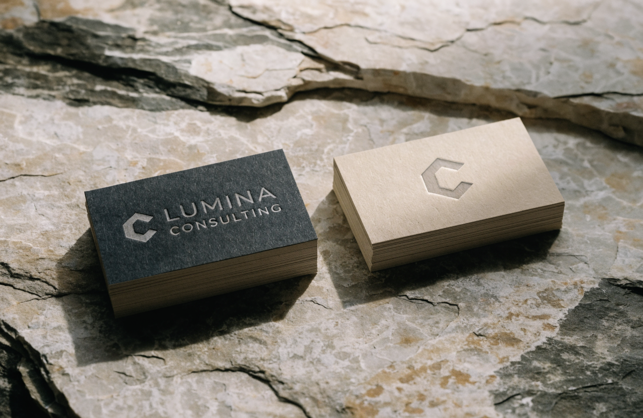 Embossed business card set mockup on stone