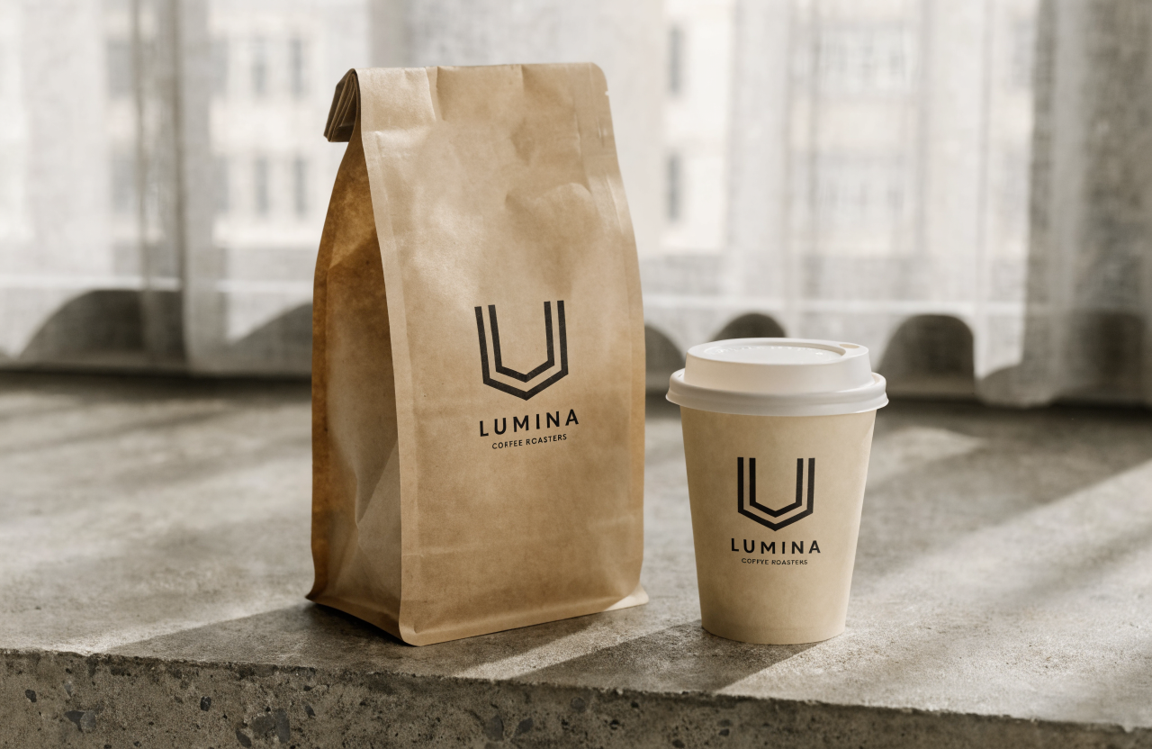 Coffee brand packaging mockup — kraft bag and cup