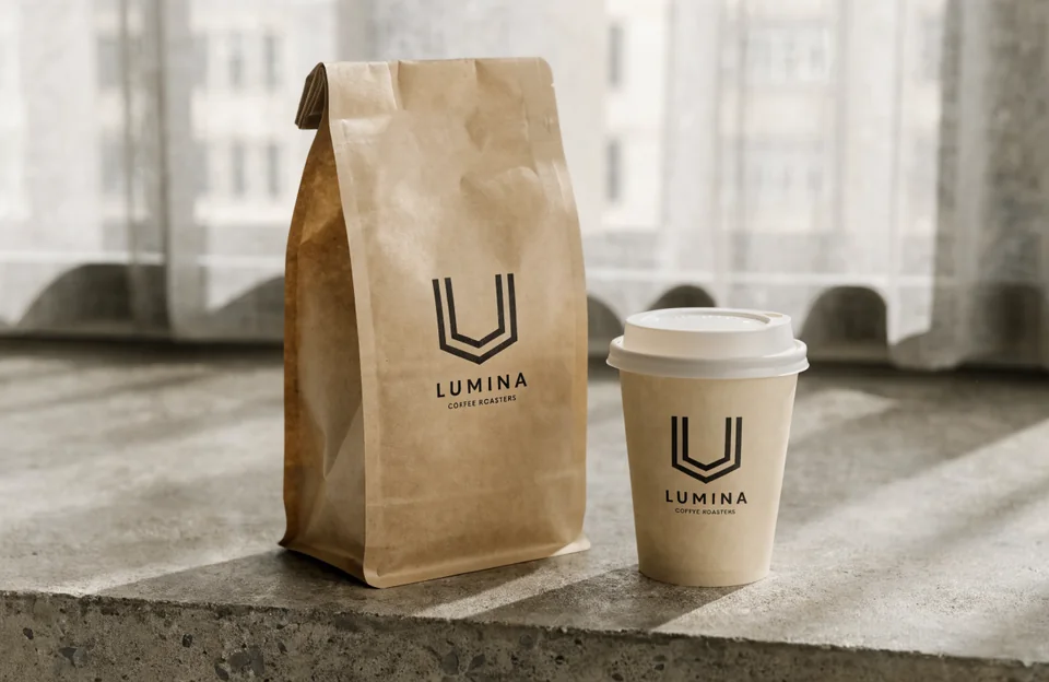 Coffee brand packaging mockup — kraft bag and cup
